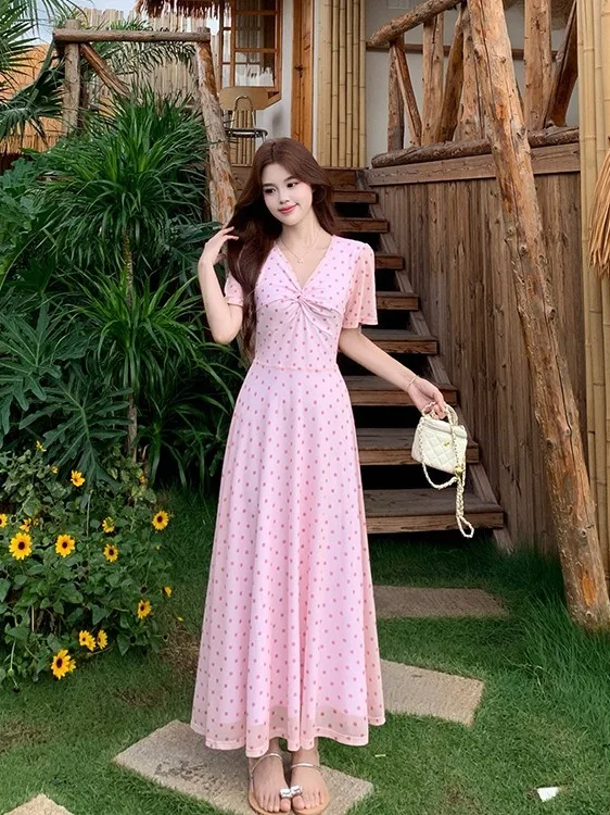 

plus Size Women's Vintage Polka Dot V-Neck Knot Short Sleeve Dress Summer New Waist Cinched Beautiful Long Dress Korean Style
