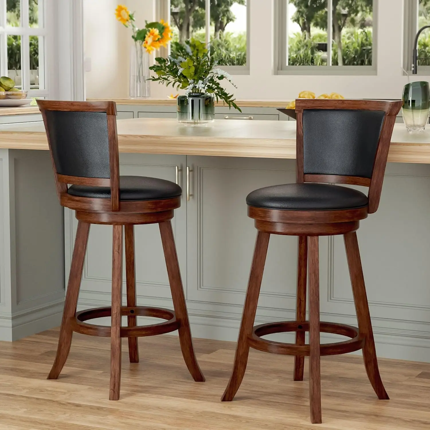 회전식 바 스툴 2개 세트, 갈색 인조 가죽, 등받이 및 발판 포함, 견고한 나무 다리