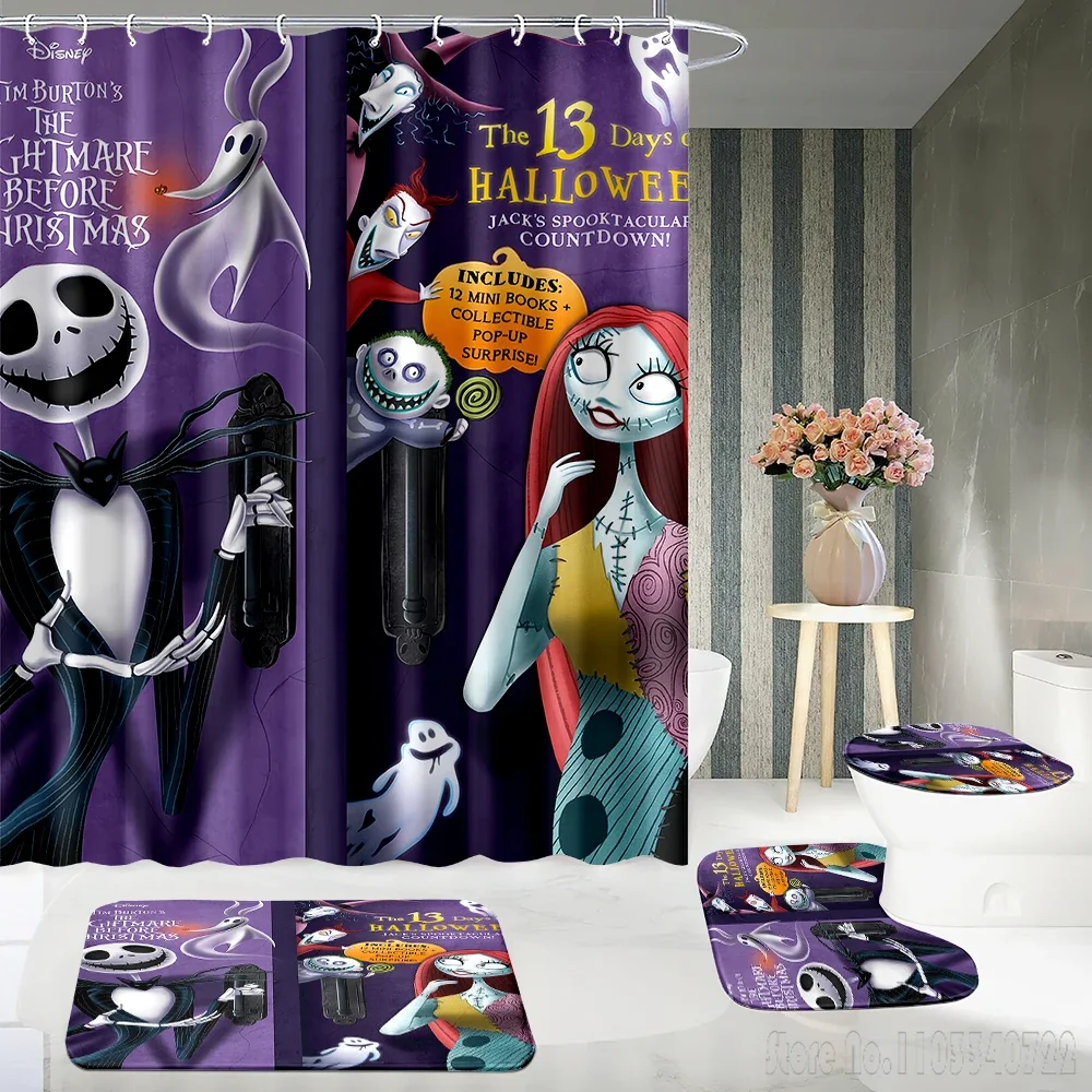 Disney Nightmare Before Christmas Bath Shower Curtain Set 4pcs with Hooks Cartoon Decor Waterproof Bathroom Toilet Mat Lid