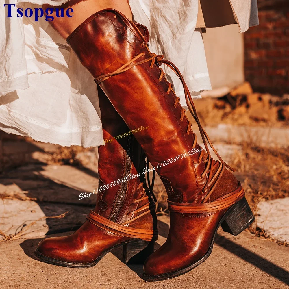

Retro Style Knee High Brown Cross Tied Boots Thick Heel Leather Women Shoes Side Zipper Round Toe Western Stylish Women Boots