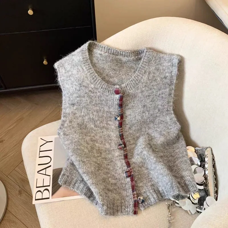 

Японский винтажный вязаный жилет, женский осенне-зимний однобортный кардиган без рукавов с круглым вырезом, повседневный свитер с перекрытием, топ