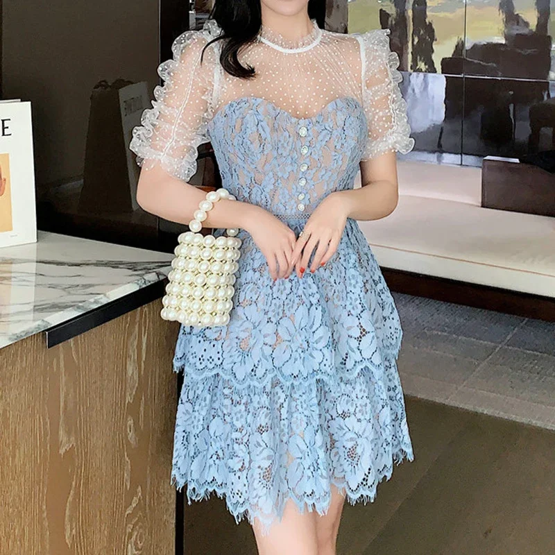 Vintage Blue Lace Dresses Women Summer High Waist Mini Vestidos Lady Runway Design Self Elegant Party Evening Dresses Female