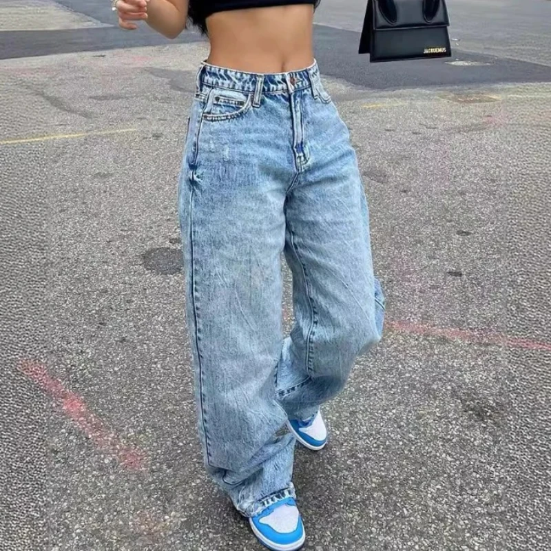 New Full Length Women Jeans Solid Distressed Denim Straight Pants Pockets Loose Casual Mid Waist Basics Zipper Fly Flat Washing
