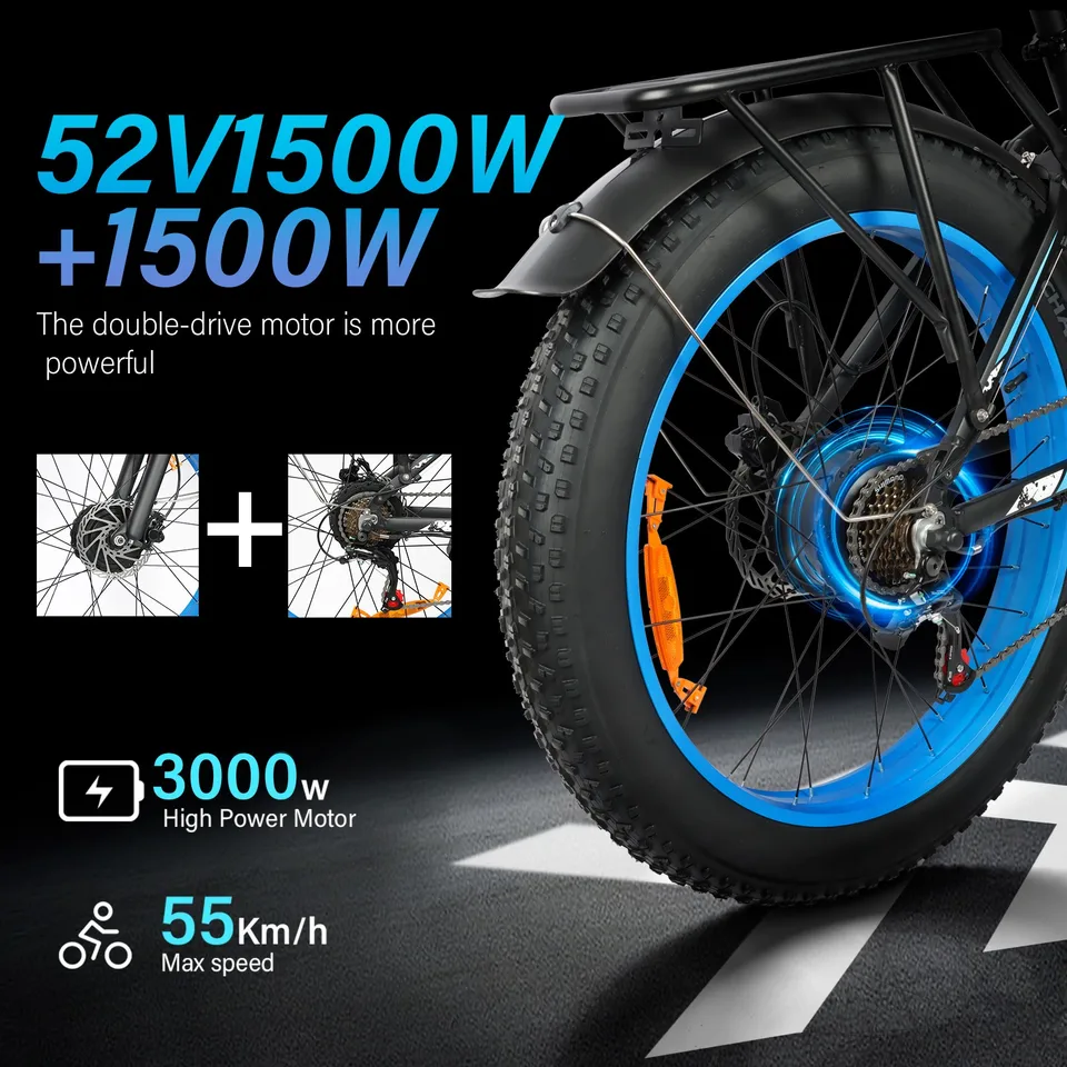 52V 32AH Dual Motor 3000W Electric Bike 26" Fat Tire Ebay Adult E-Bike SHIMANO 7 image 6