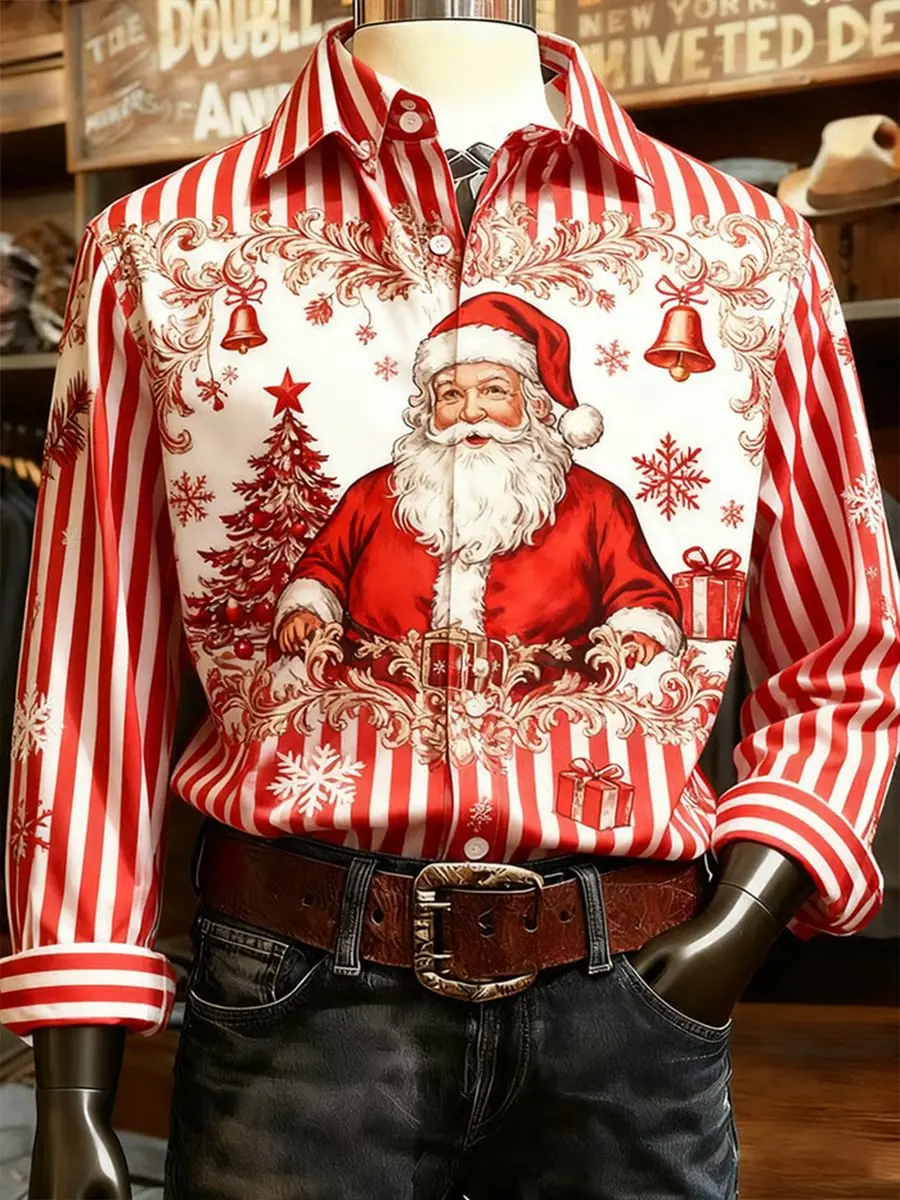 

2025 Men's Fashion Christmas Striped Santa Claus Pattern Comfortable Fabric Long Sleeve Shirt Casual Button Top