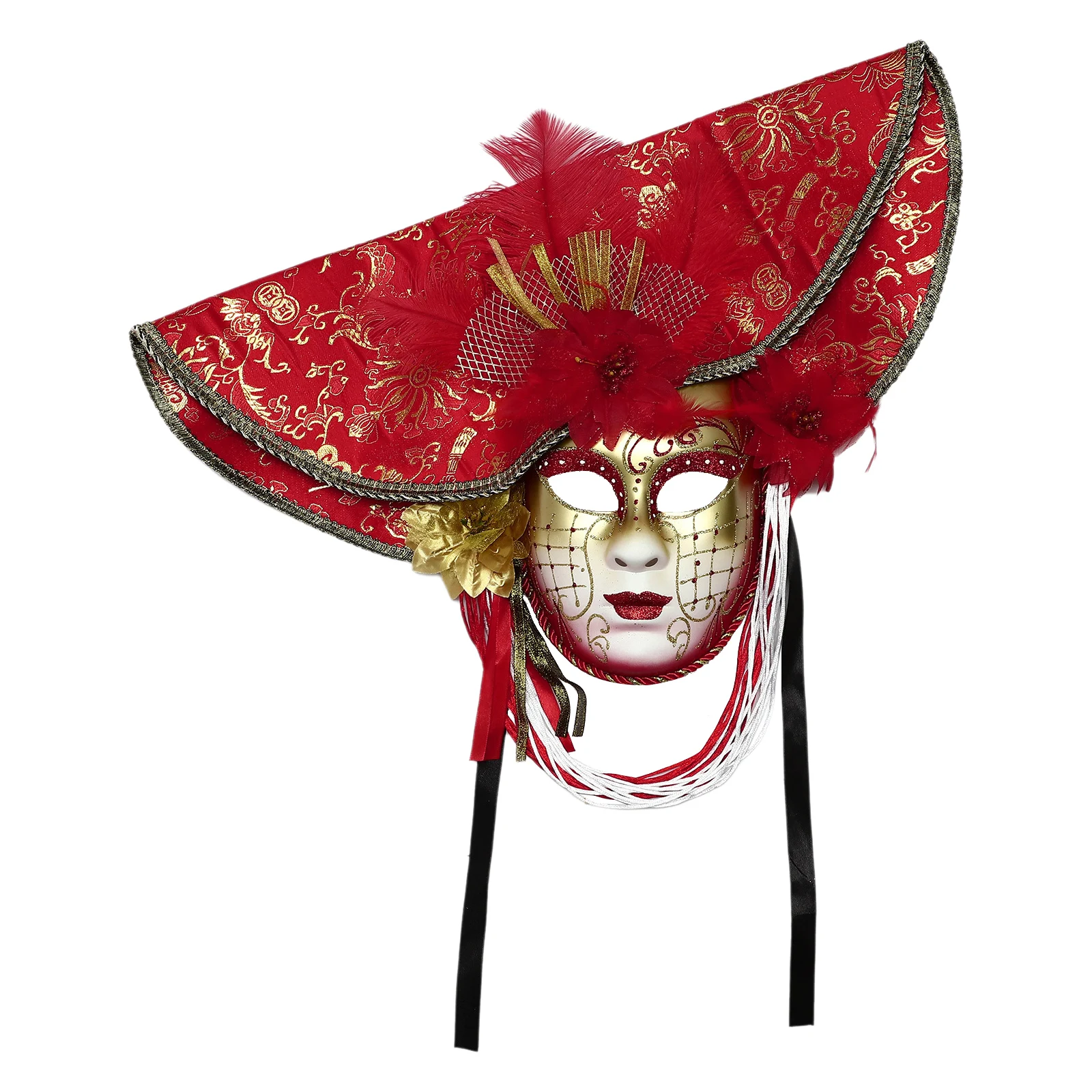 Women Venetian Feather Mask Full Face Visibility Glittery Embroidery Metallic Belt Party Props Masquerade Ball Mask Essential 3