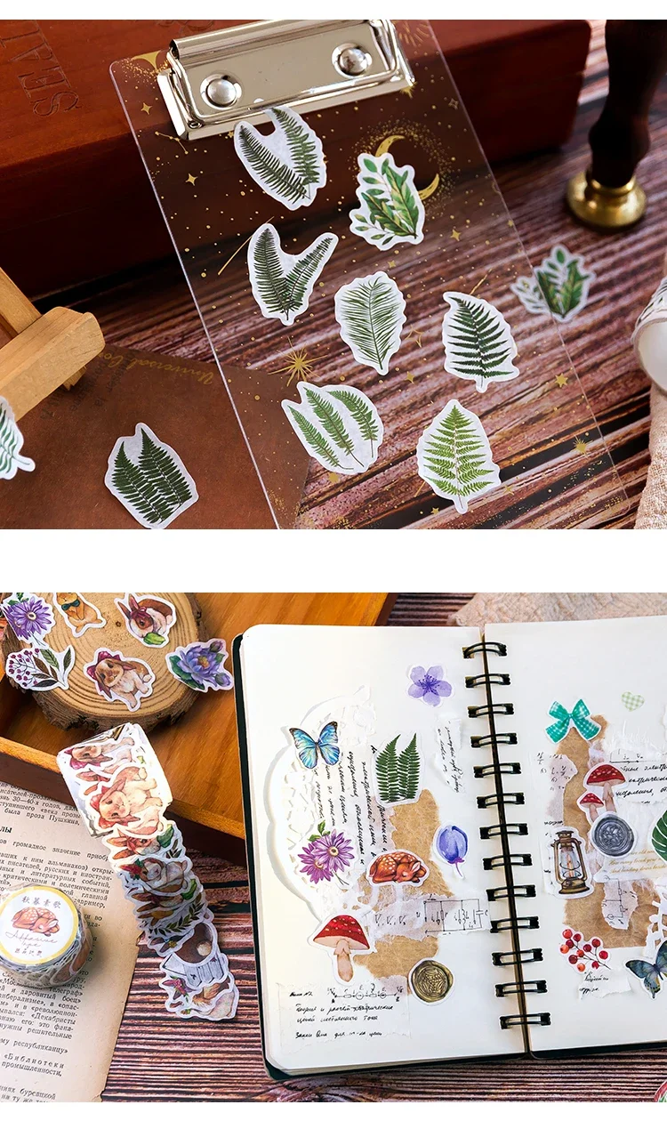 100pcs/roll Autumn Twilight Die-cutting Washi Paper Stickers Tape Collage Retro Fungi Bow Flower Fern Hand Ledger DIY Decoration