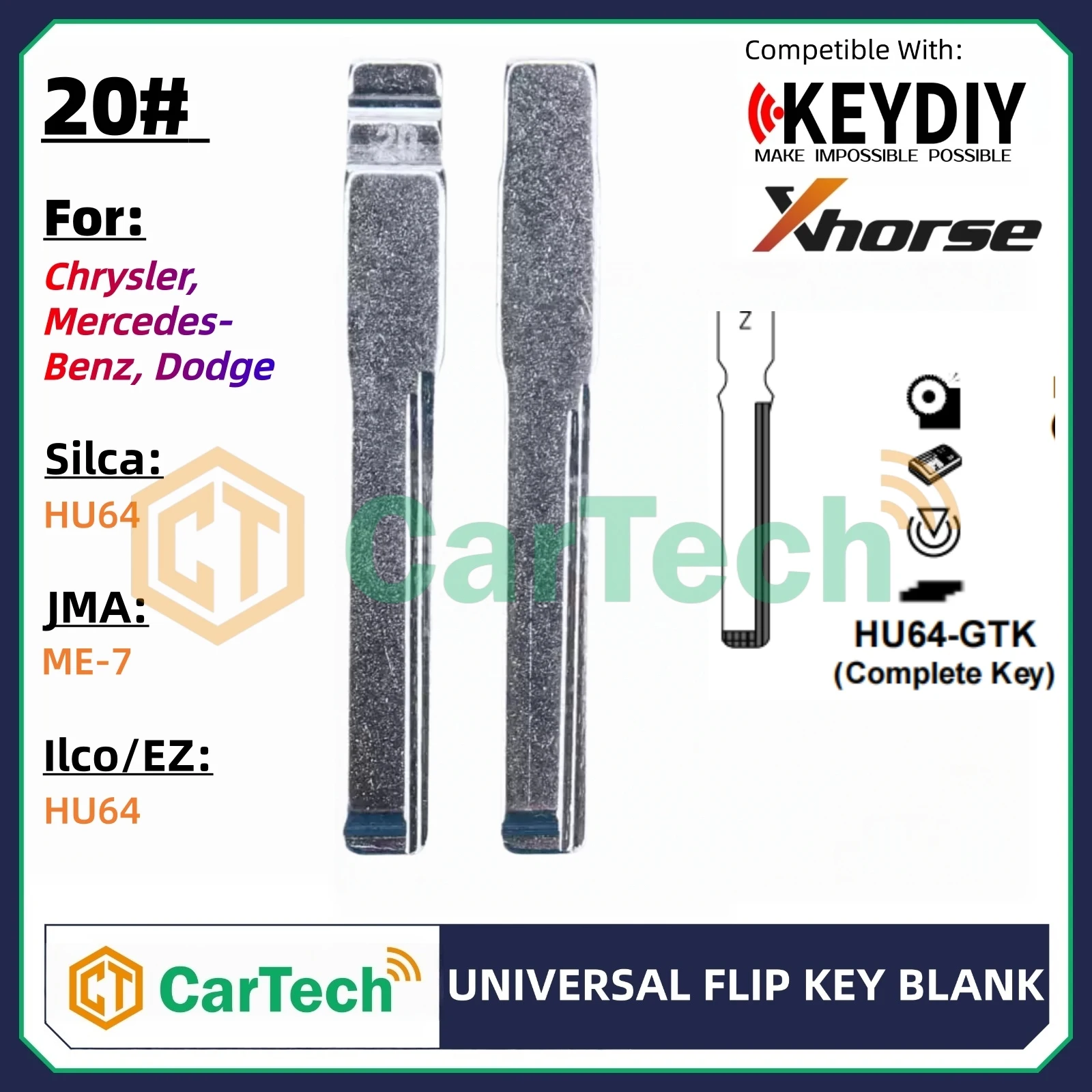 Cartech 20# Uncut Flip Blank Key Blade for KEYDIY KD XHORSE VVDI Universal Remote Fit Chrysler, Mercedes-Benz, Dodge