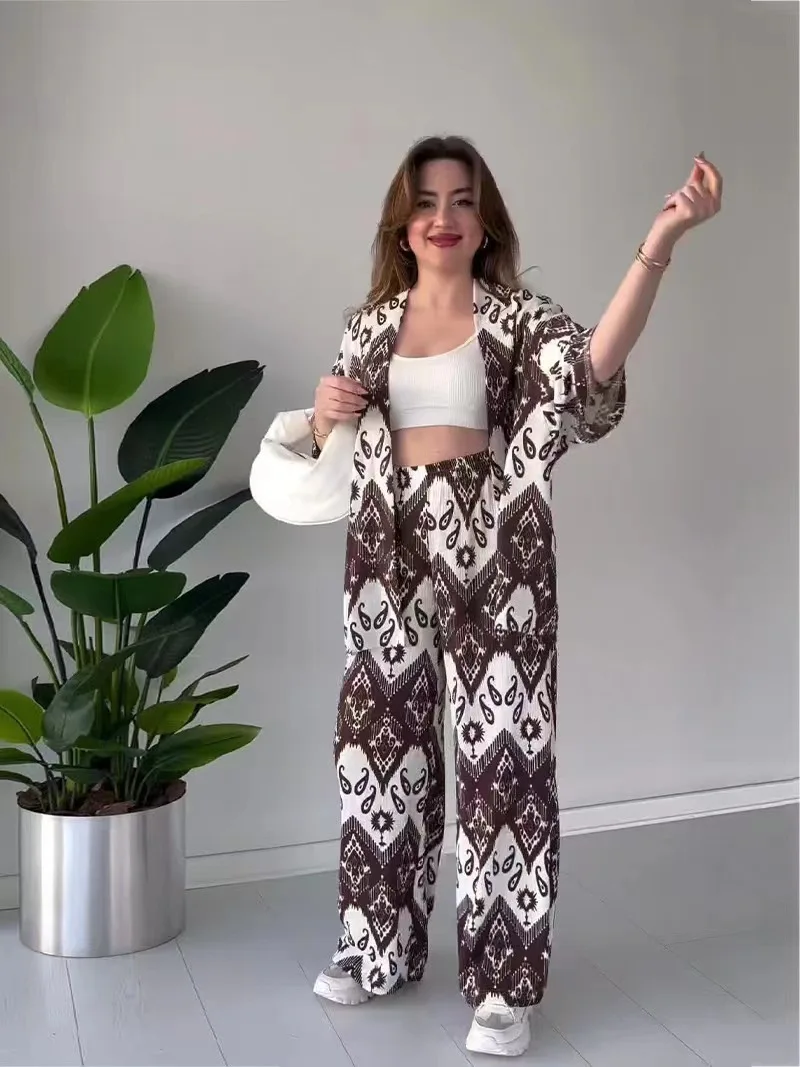 Spring Summer Large Size Loose Casual mid Sleeve Print Wide Leg Pants Fashion Sports Two Piece Set Women Casual Style Polyest...
