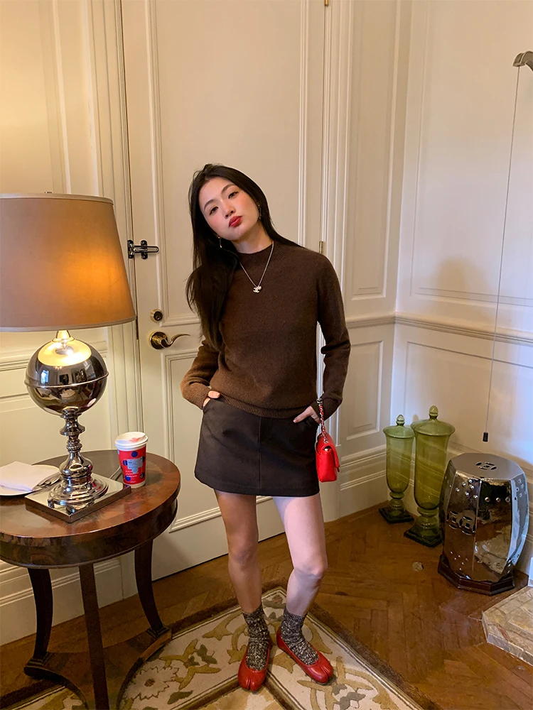 Zimowa Spódnica w Stylu Faion z Koronkowym Wykończeniem, Krój A-Line, Damska, Koreańska, Zapinana na Zamek, z Portfelem, Wyściełana, Poliestrowa, Biznesowa Spódnica