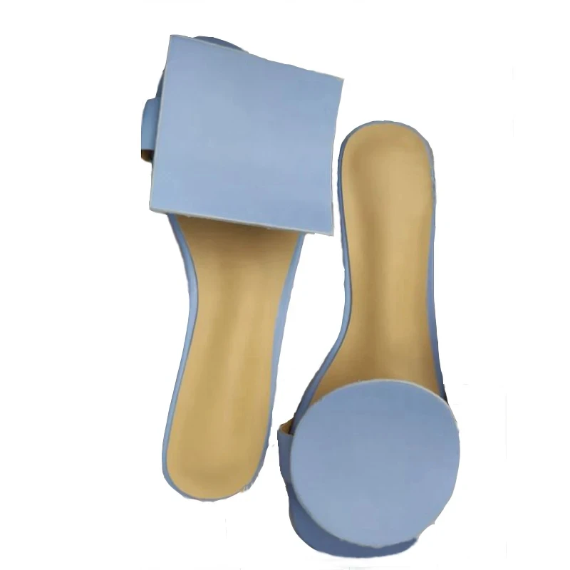 Light Blue Leather Slippers Women Open Toe Round Square Geometry Shape Decor Flats Shoes Woman Fashion Sandals