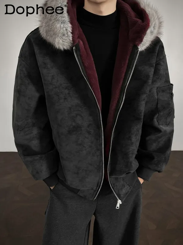 

American Retro Fashion Trend Winter Fur Collar Cotton Jacket Fleece Lined Warm Thick Loose Casual Short Hooded Coat for Men