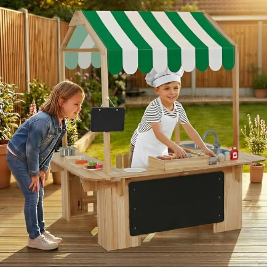 Outdoor Playhouse Mud Kitchen Set with BBQ Toys + Wooden Cutting Food Playset for Toddlers, Interactive Pretend Play Kitchen Ou