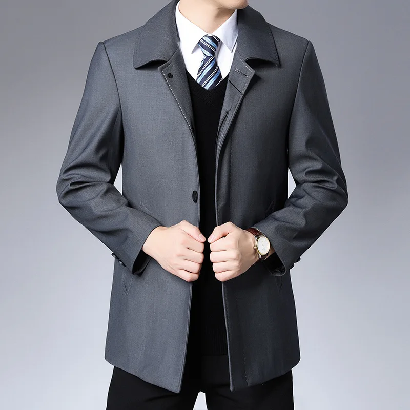 

Spring New Men Trench Coat 2023 Autumn Windbreaker Mid-length Middle-aged Dad Suit Lapel Solid Color Business Casual Jackets