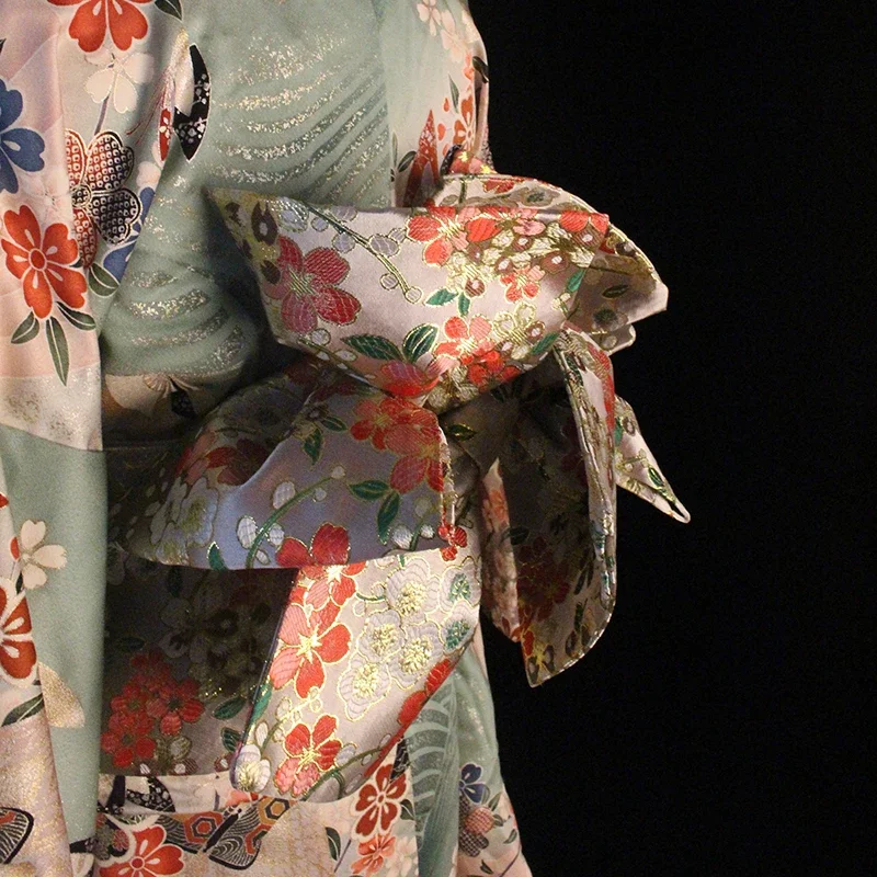 

Women Japanese Traditional Kimono Belt Elegant Brocade Obi with Fixed Bow Yukata Accessories
