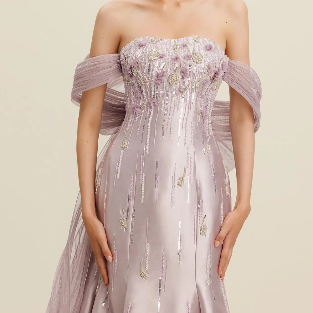 Customized Exquisite Crystal Bow Off The Shoulder Satin Evening Dresses Elegant Straight Floor Length Strapless Short Sleeves