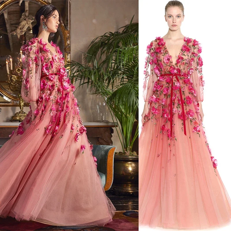 

Customized Luxurious Women's V Neck Long Sleeves Evening Dresses 2025 A-line Appliqued Floor-Length Party Dresses