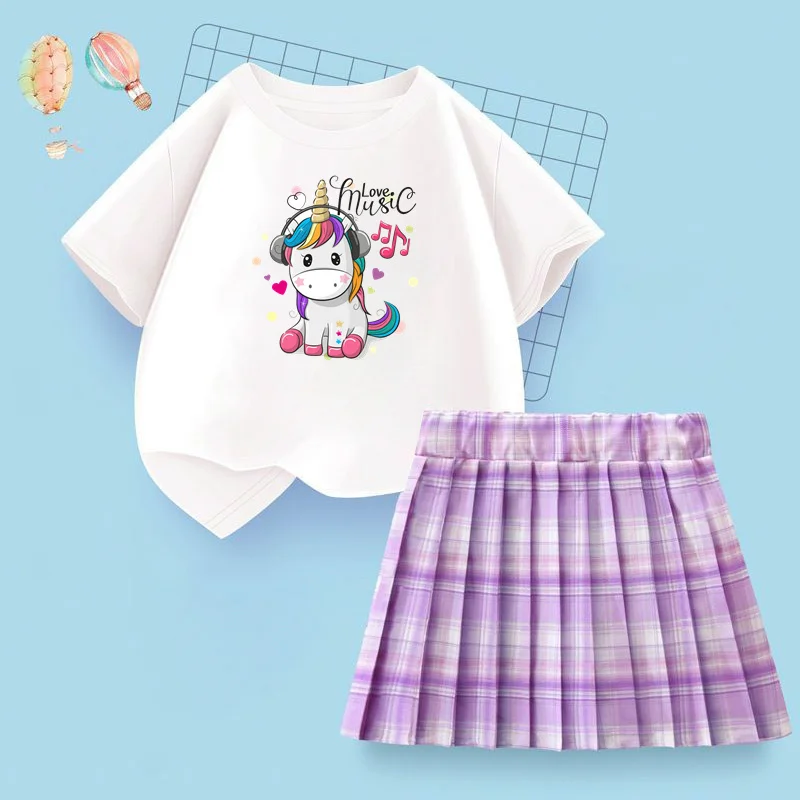 Baby Girls Summer 2-piece Suit Rainbow Unicorn T-shirts Short Skirt Kids Cotton Dresses Party JK Pleated Skirt 4-14T