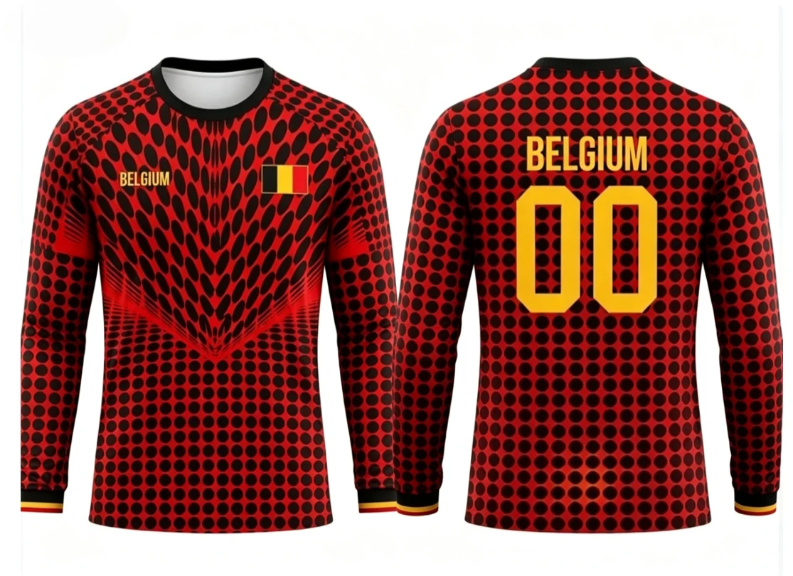 2026 new Belgian round neck long sleeved football jersey with fashionable print for both men and women, versatile for daily use view 3