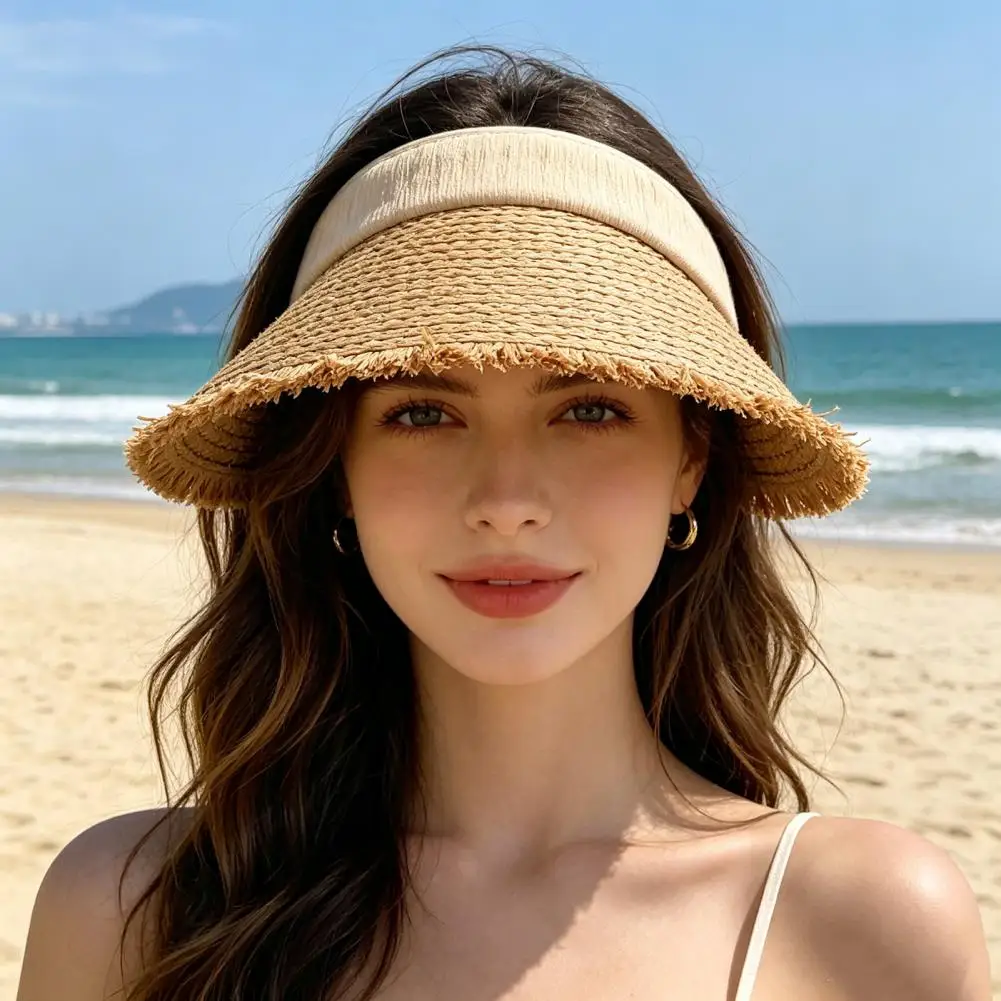 Hollow Top Sun Hat Foldable Braided Straw Hat with UV Protection Breathable Wide Brim Hat for Summer Travel Outdoor Activities