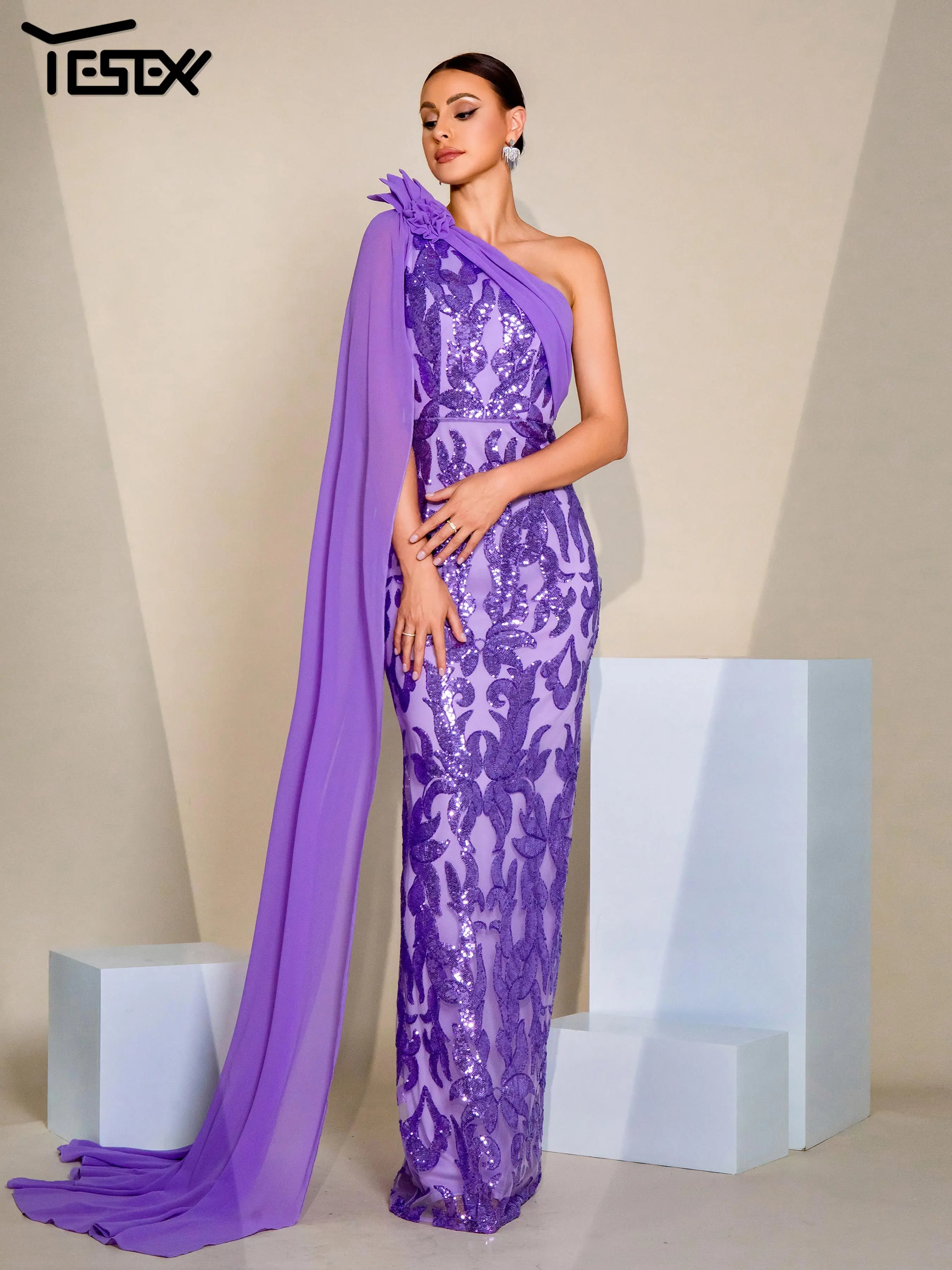 Yesexy New Purple Chic Elegant One Shoulder Sequin Mermaid Draped Evening Gown Wedding Birthday Party Formal Occasion Dresses