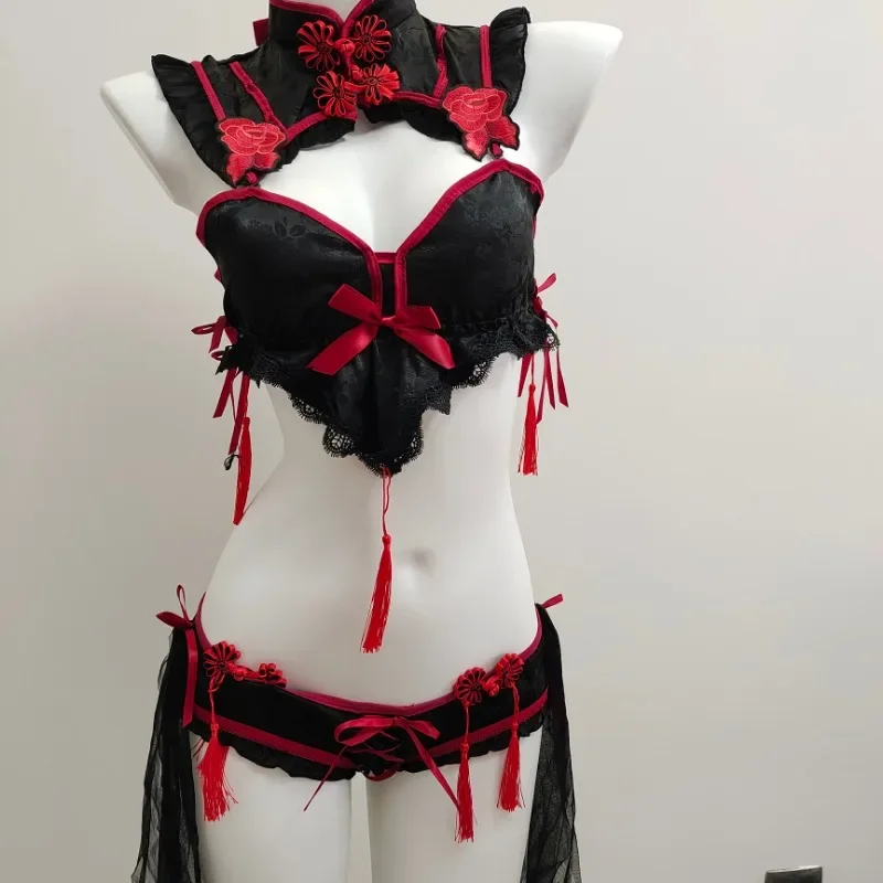 

Lolita Lace Embroidery Underwear Set anime demon Sexy Qipao Costume Gothic Vintage Cheongsam Lingerie Halloween Maid Cosplay