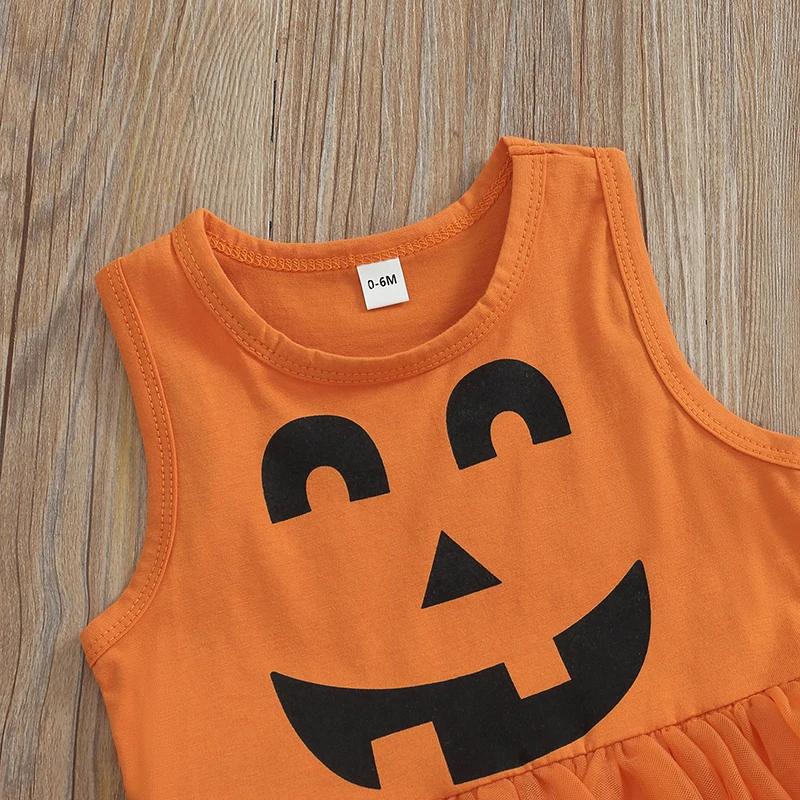 

Infant Girls Halloween Sleeveless Romper Pumpkin Face Print Mesh Stitching Dress Style Cute Princess Bodysuit for Fall