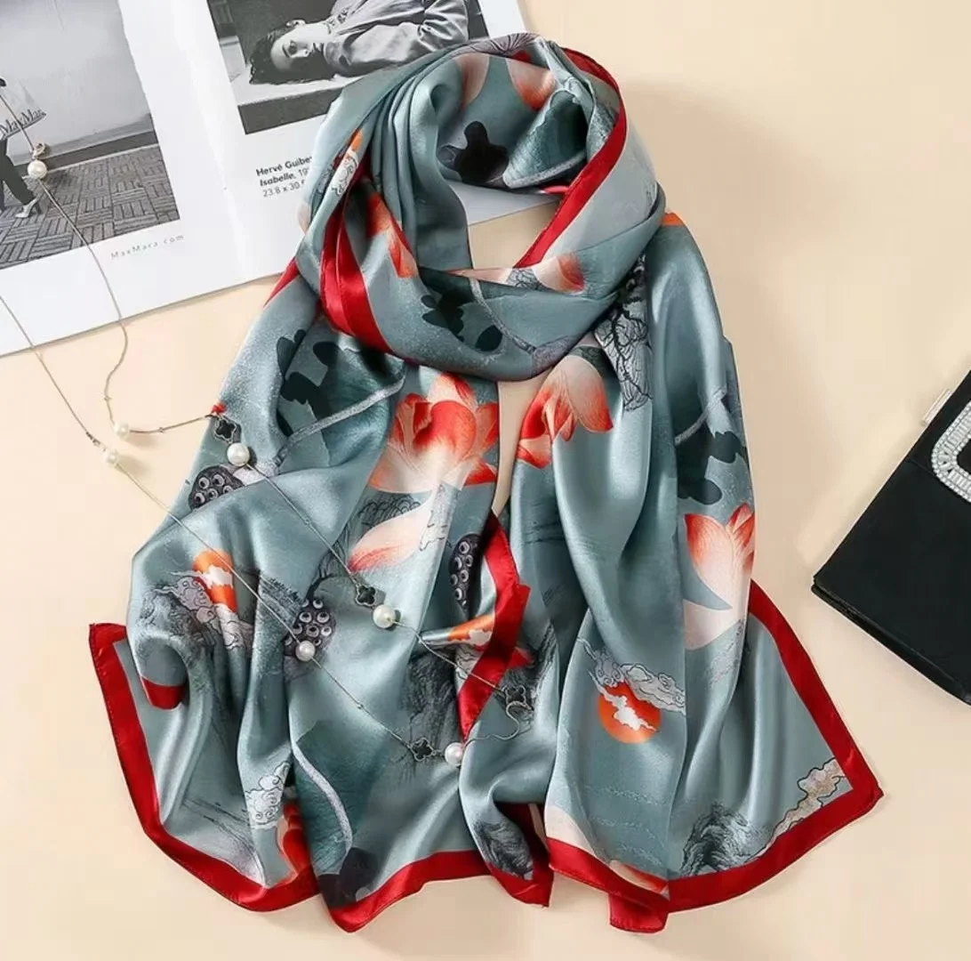 Silk Scarf Women Shawls Female Fashion Flowers For Traveling Sun Protect Sunscreen Beach Scarves Air Conditioning Wraps Luxury