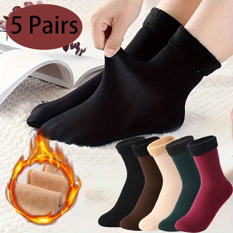 

5 Pairs Female Winter Fleece Thick Warm Comforable Solid Color Home Floor Stocking Soft Boots Snow Sleeping Socks Adding Velvet