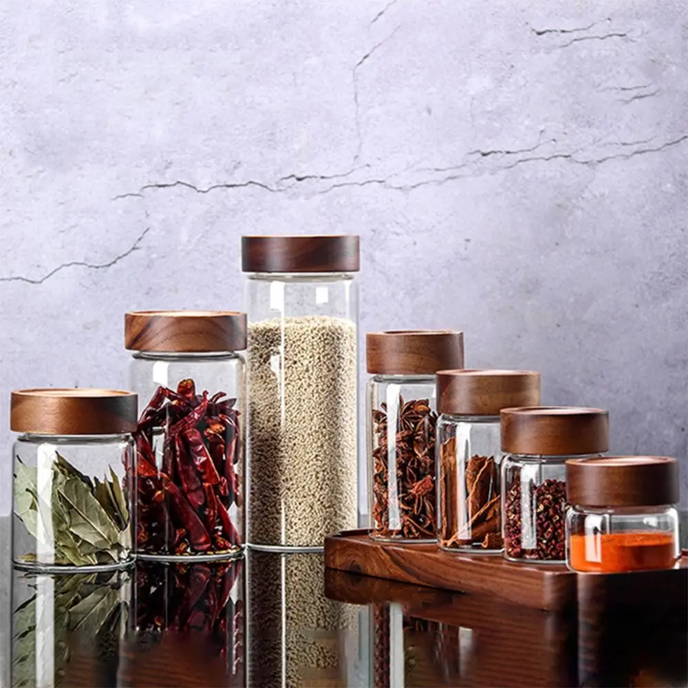 Glass Transparent Storage Tank Containers Acacia Wood With Lids Sealed Can Split Bottle Spice Jars Storage Pots