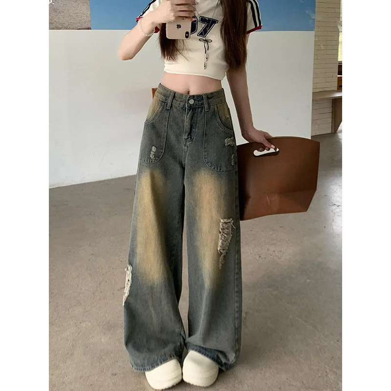 

American Style High Waist Wide Leg Denim Jeans Women Spring 2026 Loose Hole Drag Straight Leg Pants Spicy Girl Jeans