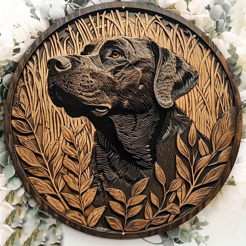 

Premium Round Aluminum Sign, Engraved Black Labrador Design, Wooden Plaque Style, HQ Door Hanger, Wall Decor, 8x8in, 1PC
