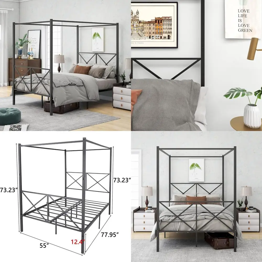 

Full Size Modern Canopy Bed Frame with Metal Headboard and Footboard, Heavy Duty Steel Slats Platform Bed, Black