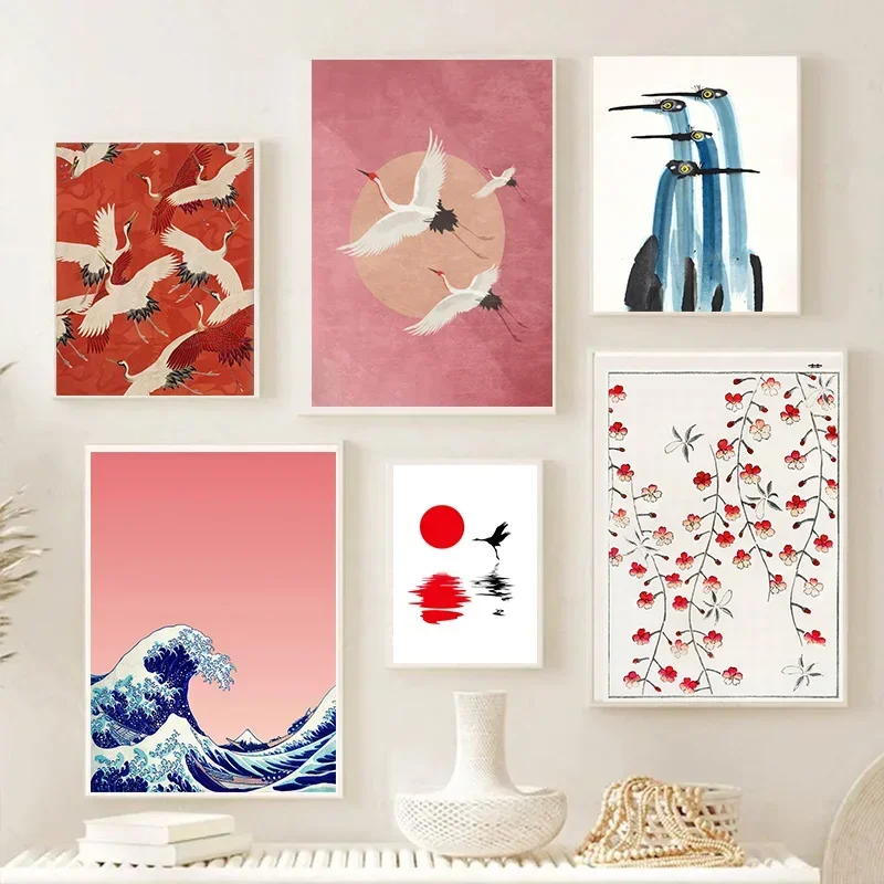 (No frame)Red Crane Hokusai Eclectic Canvas Painting Blue Heron Coastal Vintage Typographic Posters for Modern Living Room Wa