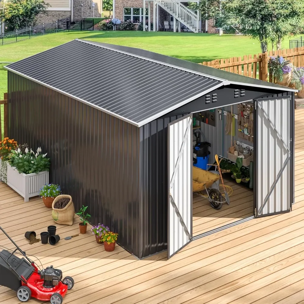 10x14 FT Outdoor Storage Shed, Large Garden Shed with Updated Frame Structure and Lockable Doors, Metal Tool Sheds