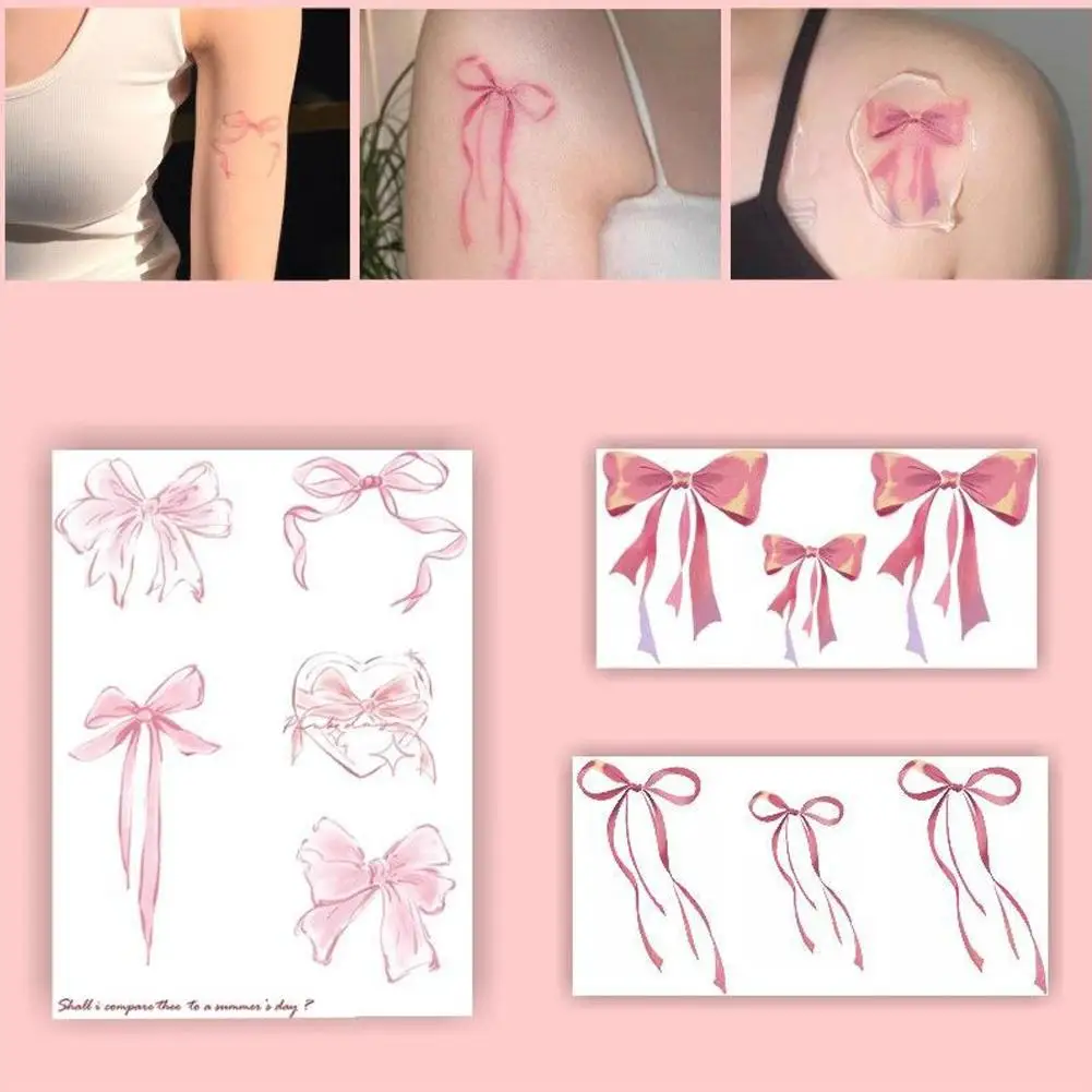 Tatuajes con lazo para mujer, tatuajes falsos impermeables y duraderos, cadenas de corazón de encaje rosa Sexy, tatuajes temporales artísticos, pegatina F0v7