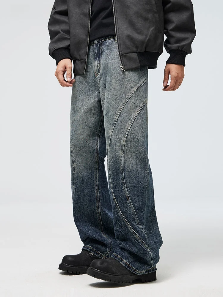 

UKTK American Retro Waed Texture Structure Design adient Jeans 3D Cutting Loose Straight Leg Pants Trendy Youth Cotton Denim