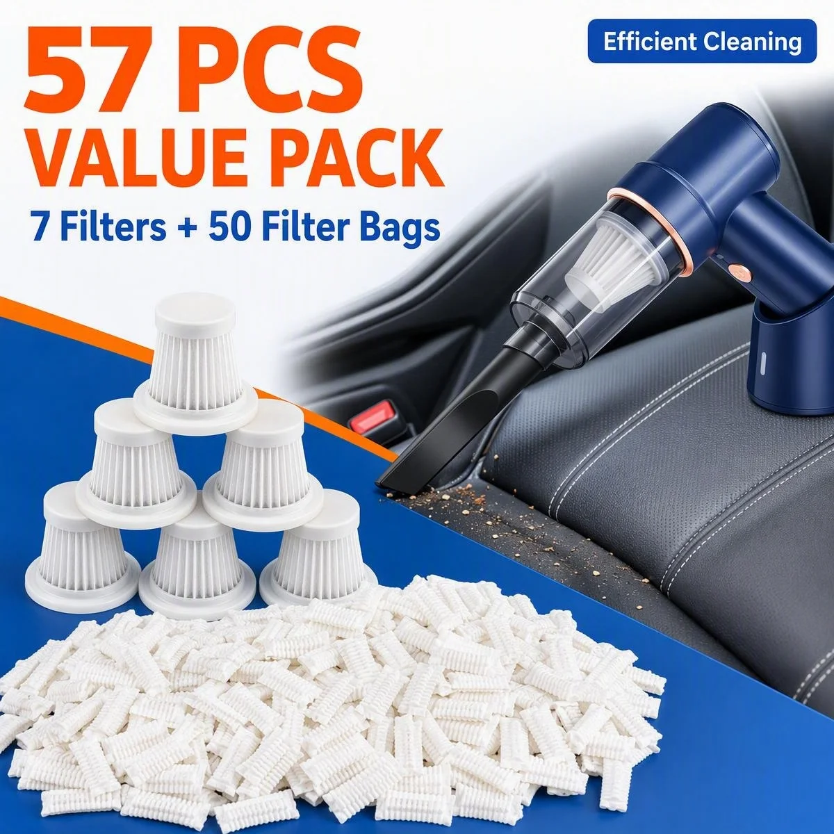 57 pièces (7 filtres + 50 sacs filtrants) : filtre lavable pour aspirateurs portables, compatible avec les aspirateurs de voiture sans fil et les modèles portables.