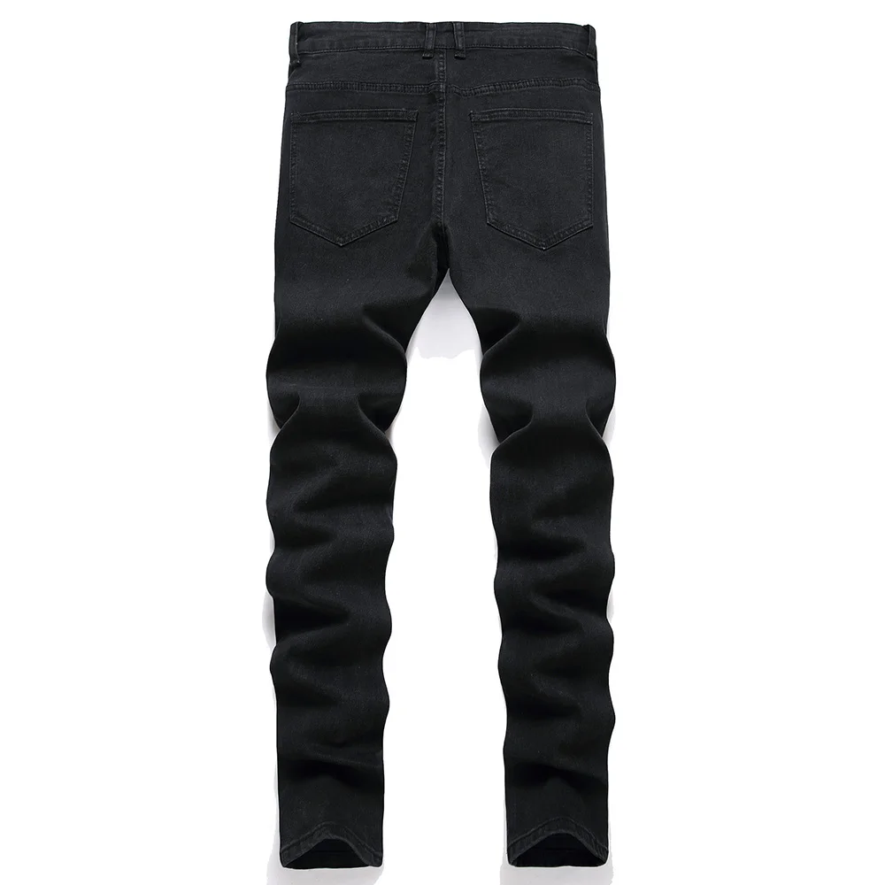Men Rose Embroidery Denim Jeans Flower Embroidered Black Stretch Cotton Pants Holes Ripped Slim Straight Trousers