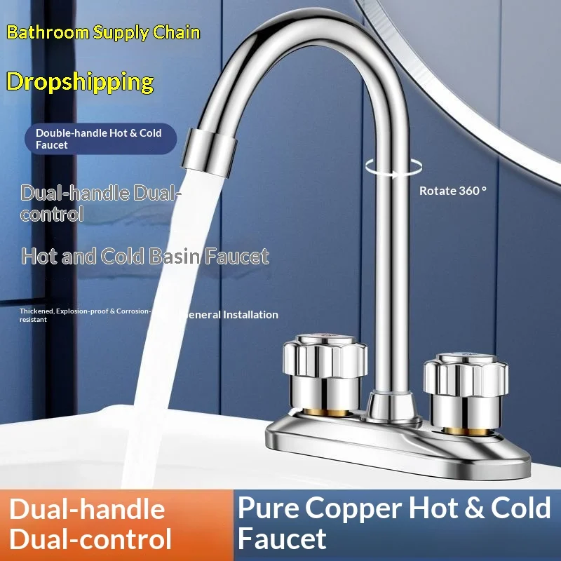 Bathroom Wash Tap Dual Lever Handle 360 Degree Swivel Nozzle Complete Water Rubber Gaskets Fit Double Three Hole Vanity Sink