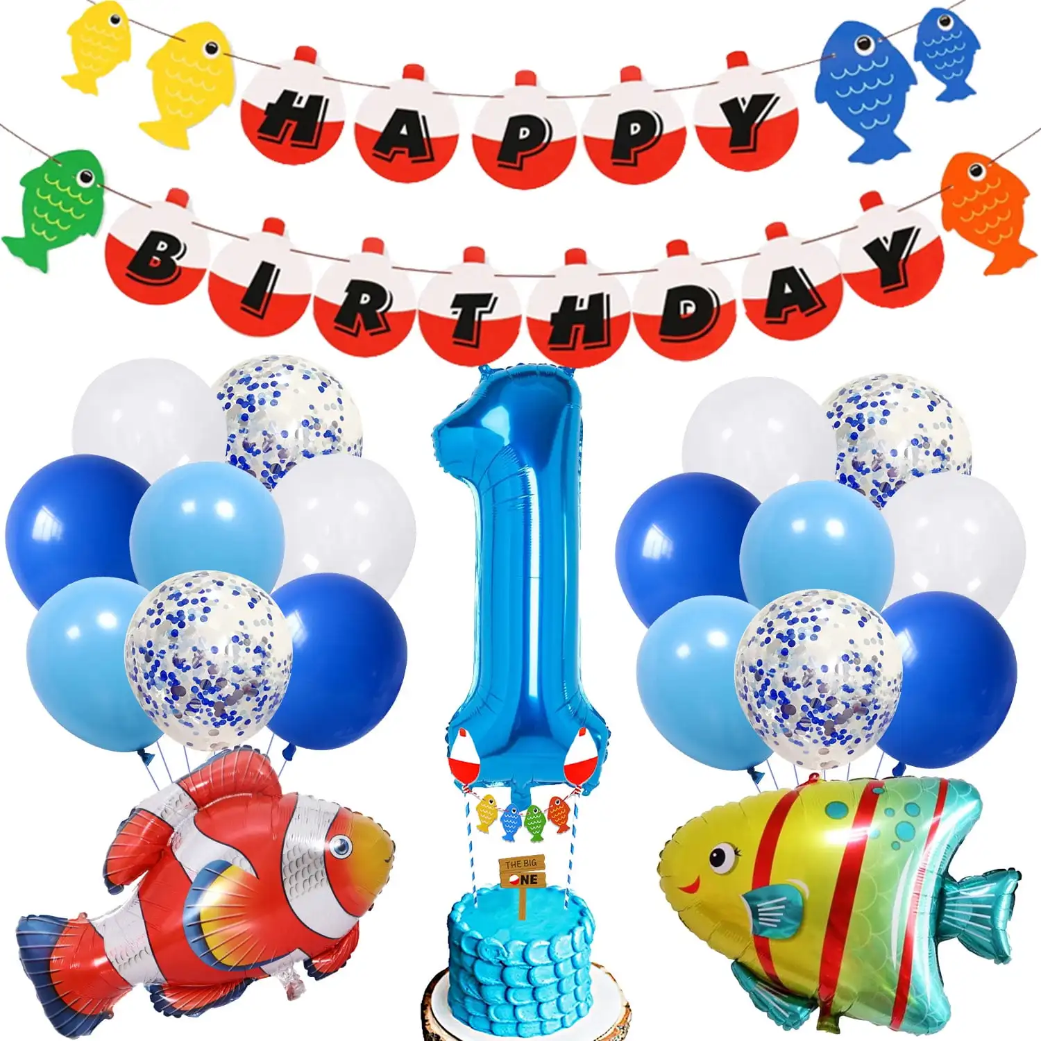 

Surprise Children's First Birthday Fishing Theme Party Decoration Supplies, Banner Fish Foil Balloon, Boy's First Birthday Party