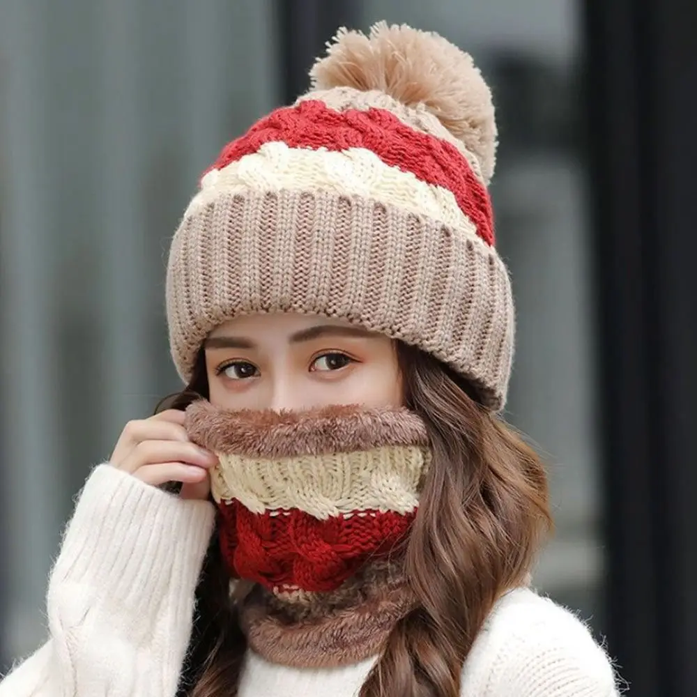 2PCS/Set Winter Women Wooly Thick Knit Woollen Hat And Scarf Set knitted Cap Neck Protection Windproof Hat