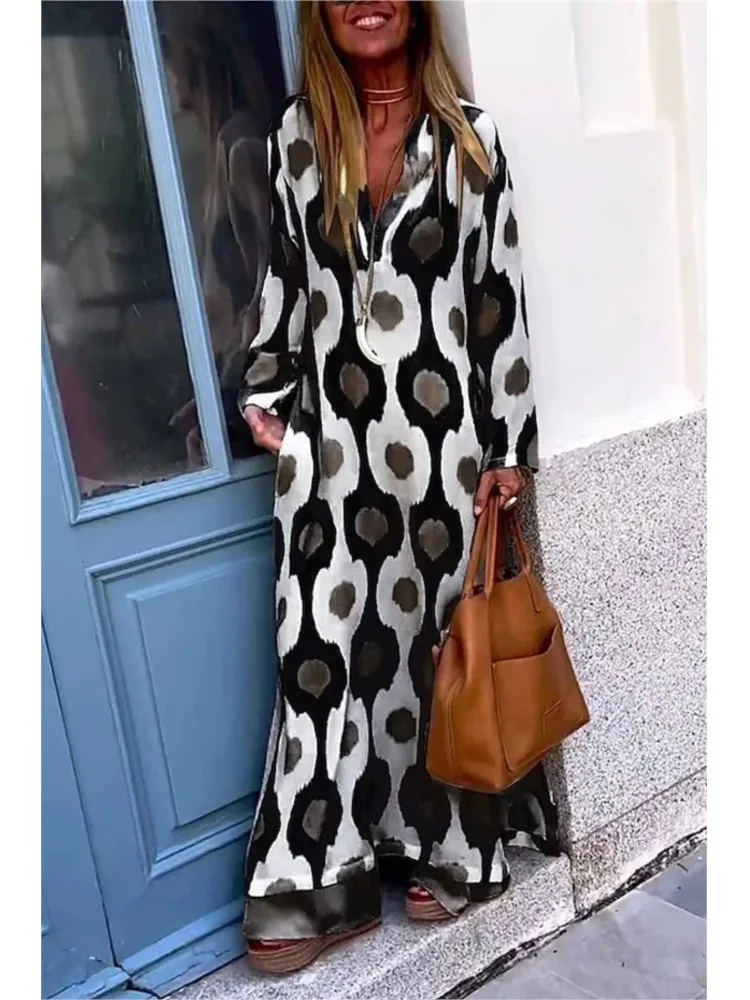 2024 Herfst Casual V Neckwomen Geometrische Maxi Jurk Lange Mouw Jurken Vrouwelijke Vakantie Strand Boho Jurk