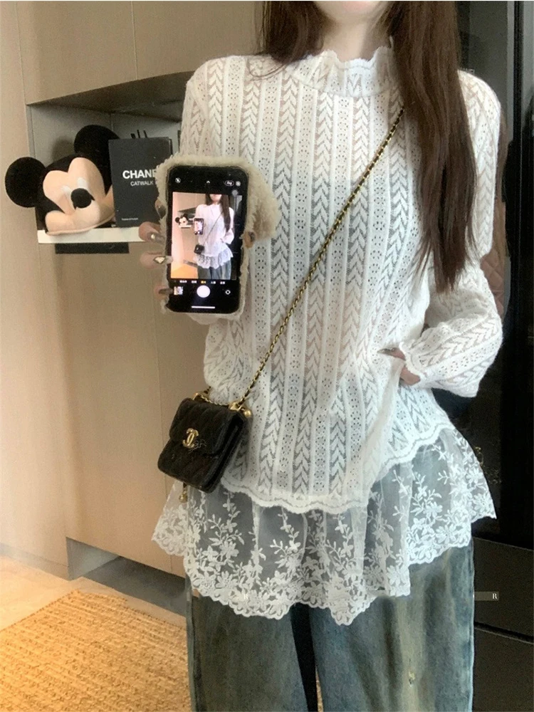 

Женская футболка Ele Lace Long Sleeve: Очаровательный белый топ с высоким воротом, приталенный, с вырезами, в корейском стиле, для ранней осени