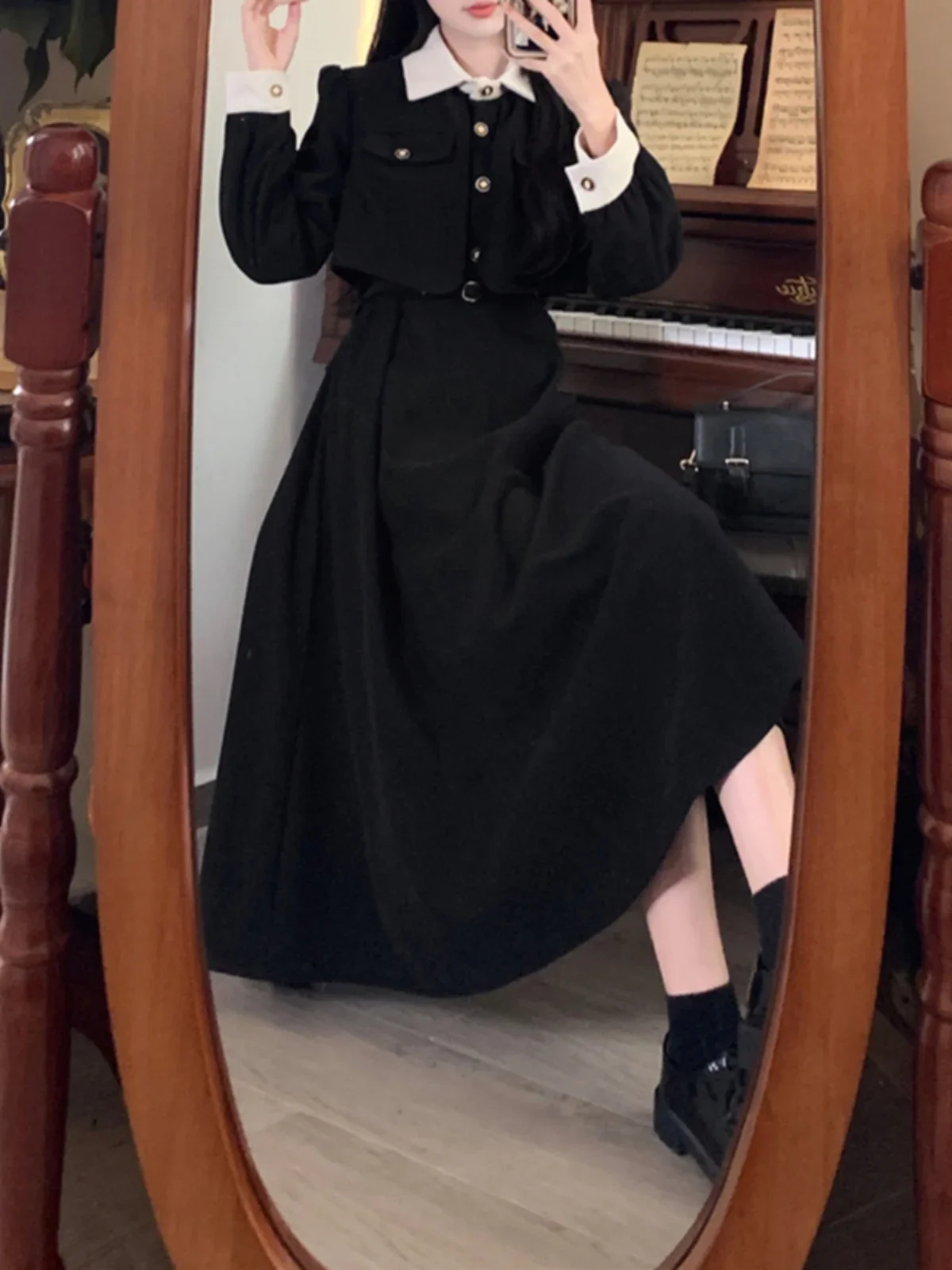 우아한 긴 소매 가짜 투피스 드레스 2025 드레스 대형 가을 슬리밍 롱 드레스 햅번 리틀 블랙 dds2d