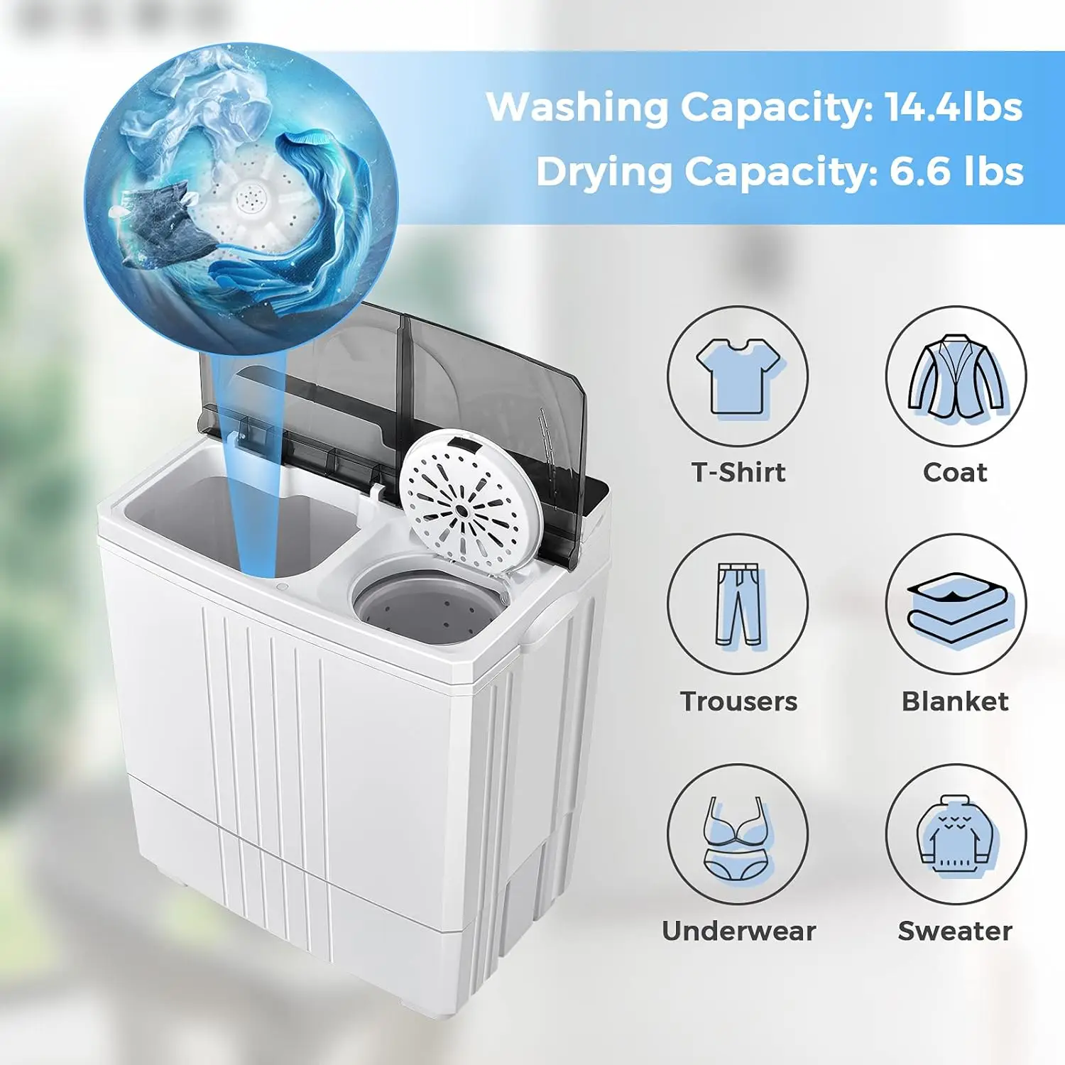 Portable Washing Machine, Twin Tub Washer and Dryer Combo, 21Lbs (14.4Lbs Washing and 6.6Lbs Spinning), Compact Mini Laundry