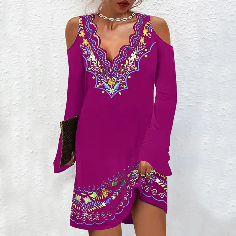 Women Sexy Off Shoulder Halter Neck Mini Dress Autumn Long Sleeve Casual Loose Solid Color Dresses Elegant Office Lady Clothing