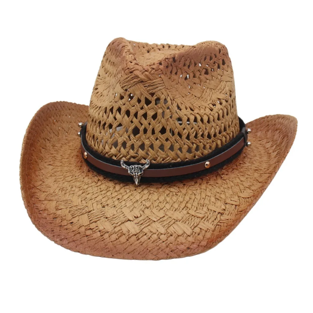 Sombrero de Vaquero Tejido a Mano, Impermeable, de Paja, con Decoración de Cabeza de Toro, para Vacaciones en la Playa, Ranchos y Ocio