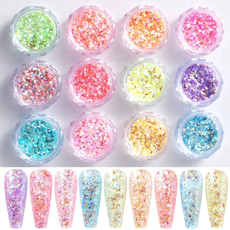 12 pçs sereia iridescente 3d prego glitter pó conjunto de cristal colorido brilhante arte do prego holográfico flocos finos hexágono lantejoulas de