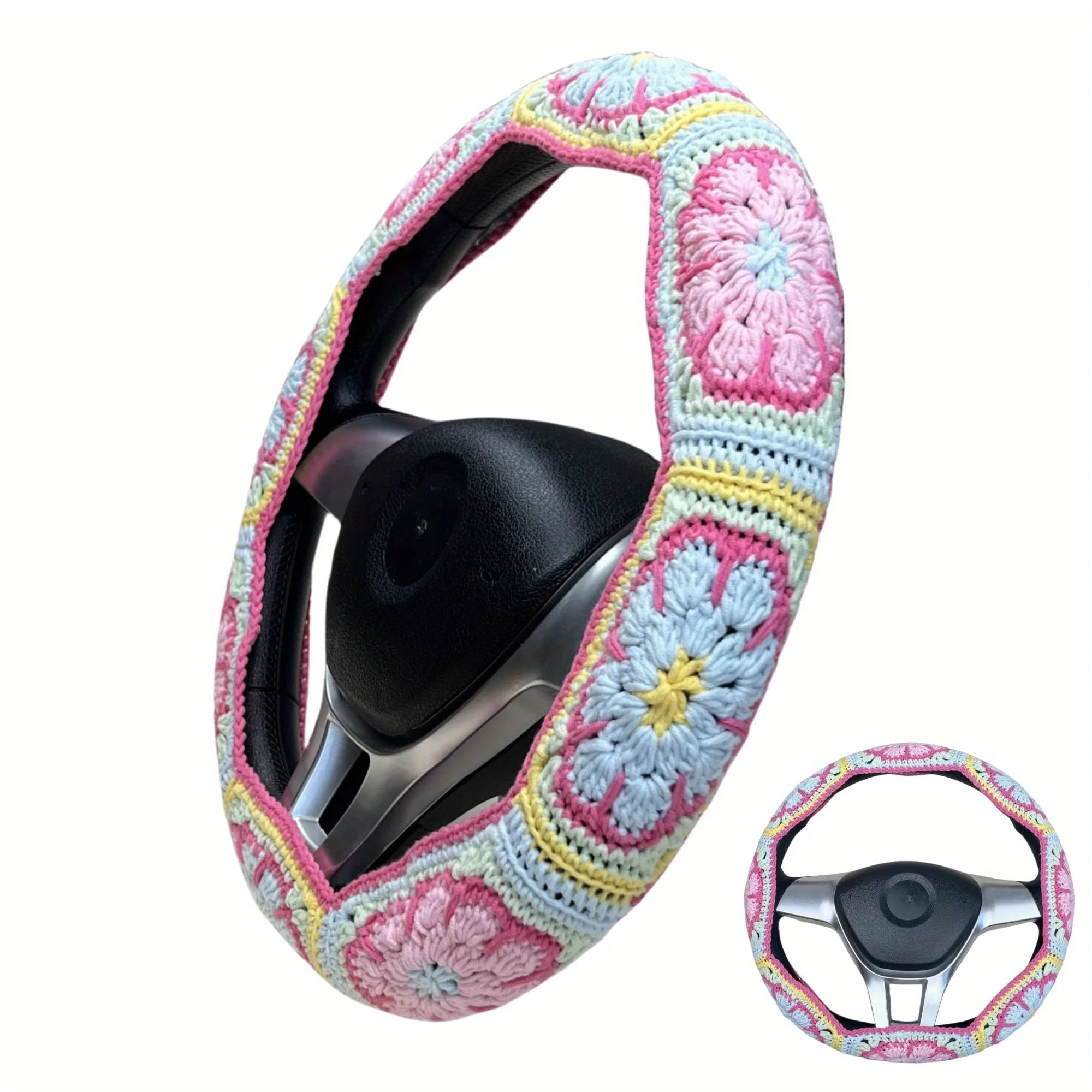 

Ручной работы крючком розовый цветок бабушки квадратные чехлы на руль автомобиля универсальные 14-15 дюймов для женщин и мужчин